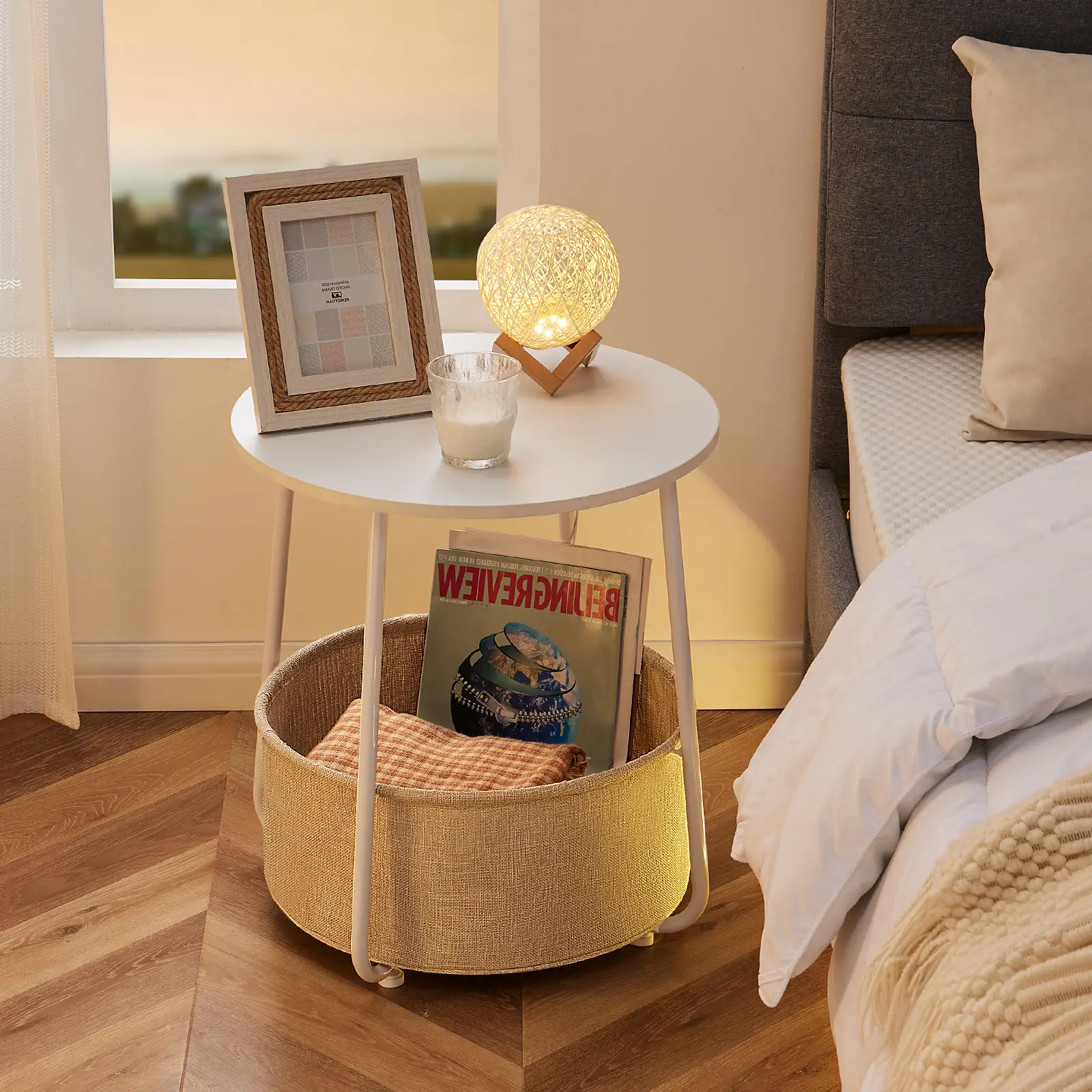 Sweet Furniture S - Round Side End Table, Modern Nightstand Bedside Table with Fabric Basket for Bedroom Nursery, Small Side Table with Steel Frame