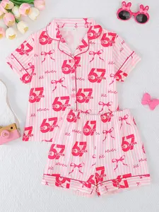 Girls' Cartoon Striped Print Pajama Sleepwear Set, Short Sleeve Button-Front Top & Shorts, All-Season Fitted Design, Casual Style, Kids Ages 8+