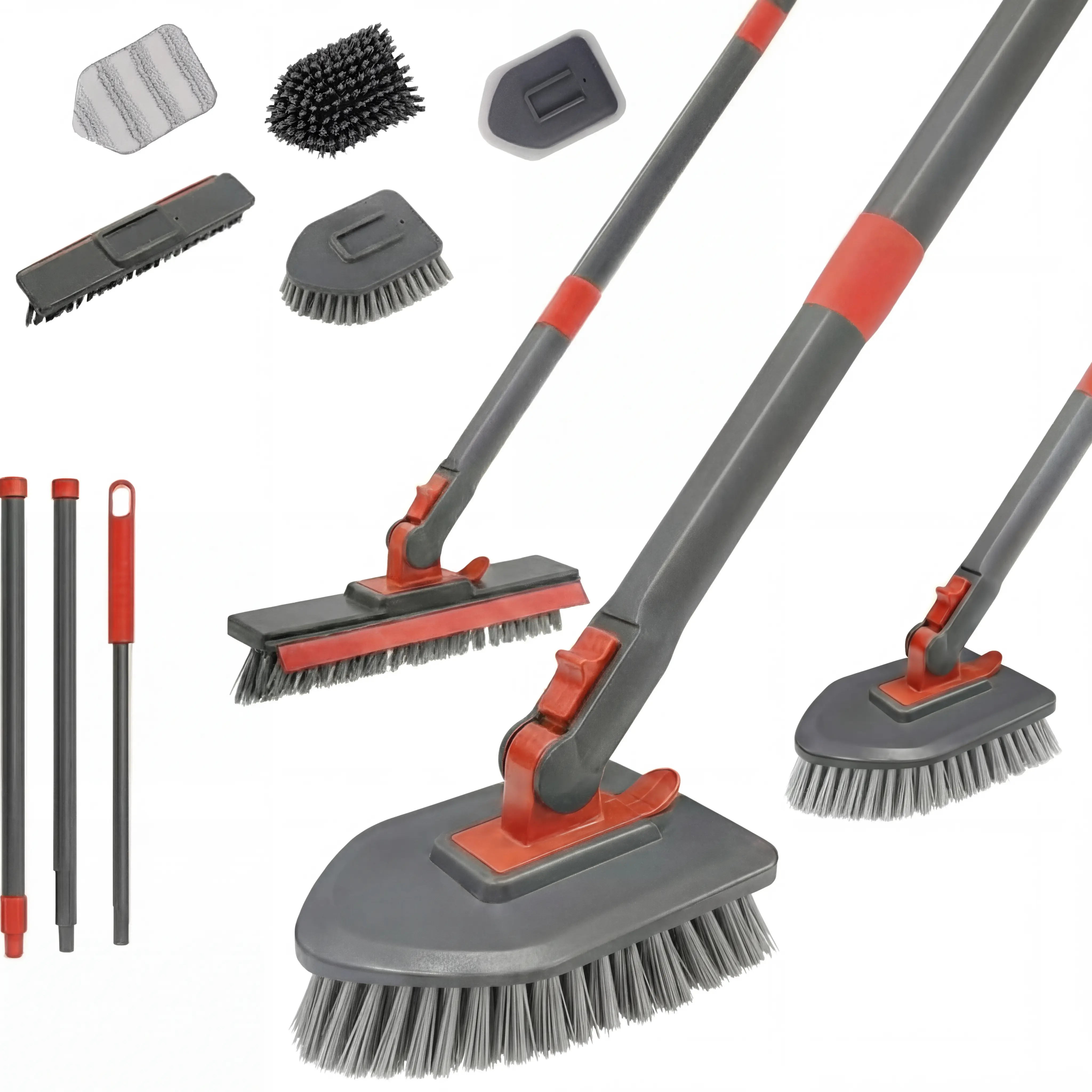 4-in-1 Long-Handle Shower Scrubber Cleaner Tool Set - Stiff-Bristle Grout Brush, Scrub Sponge, Microfiber Pad, Smooth-Slide Design, Ideal for Bathroom Bathtub & Tile Cleaning, Great Gift for Parents, Includes Microfiber Cloth & Iron Component, Cleaning Gr