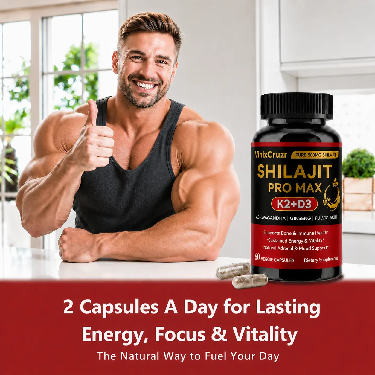 VinixCruzr Optimal Shilajit PRO MAX with K2 & D3 60 Capsules with Essential Minerals for Healthy Aging and Immune System Support - Edible