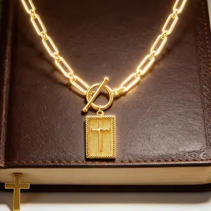 Women’s 14K Gold-Plated Paperclip Chain Necklace| Cross Square Pendant| OT Clasp Religious Jewelry