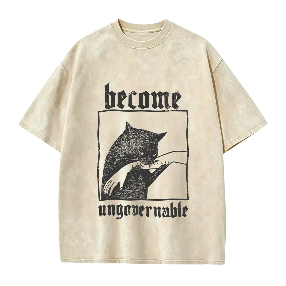Become Ungovernable Funny Graphic Cat Biting Hand T-shirt, Vintage Graphic Tee, Silly Cats Shirt, Unisex Cotton, Gag Gifts