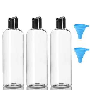 3Pcs 16 oz Clear Plastic Refillable Travel Shampoo and Conditioner Bottles with Black Disc Top Caps and 2 Small Funnel,Squeeze Empty Bottles Cosmetic Containers for Lotions, Body Soap Cream - Home Improvement.