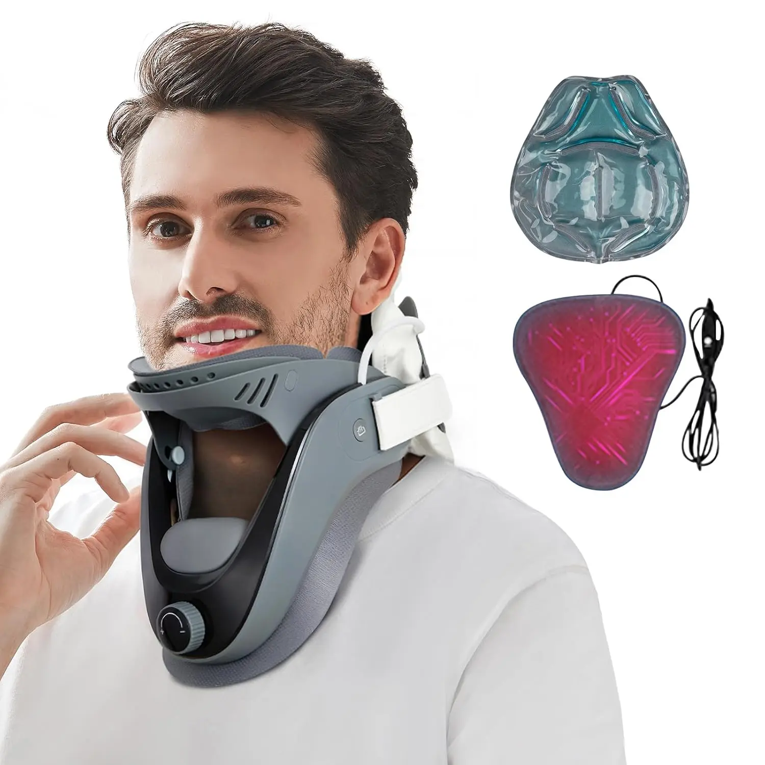 Cervical pain relief device - inflatable cervical decompression brace, equipped with a wireless inflatable pump, adjustable home-use cervical support for physical therapy, and a cold and hot compress pad