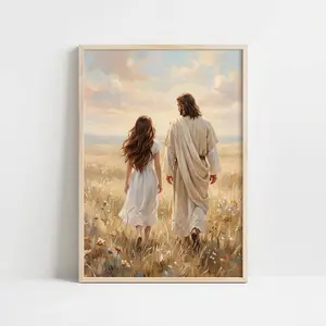 Jesus & Brunette Woman in Sunlit Field, Serene Spiritual Printable, Luminous Landscape, , Rustic Pastoral Art, LDS art