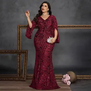 Plus Size Shiny Sequins V-Neck Long Sleeve Dress Slim Fit Split Formal Evening Dress Wedding Party Mother Bride Gown