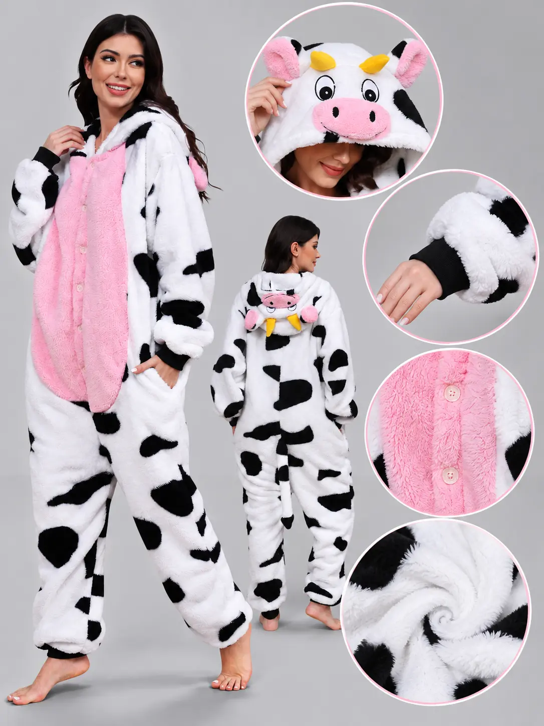 Ultra Soft Fluffy Cow Hooded Onesie Adult Plush Pajamas Halloween Costume Loungewear