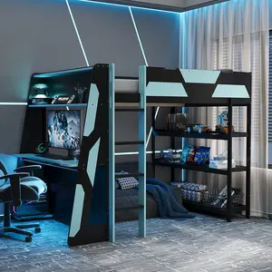 Full Size Gaming Loft Bed Frame with Desk, Storage Shelves & LED Lights, Wooden Loft Bed Frame, Black+Blue