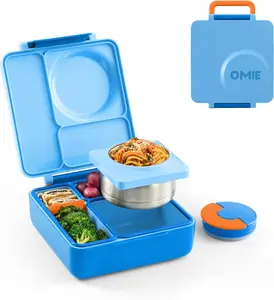 OmieBox Lunch Box for kids - Insulated Bento Lunch Box with Leak Proof Vacuum Insulated Food Jar - 3 Compartments, Two Temperature Zones (Blue Sky)