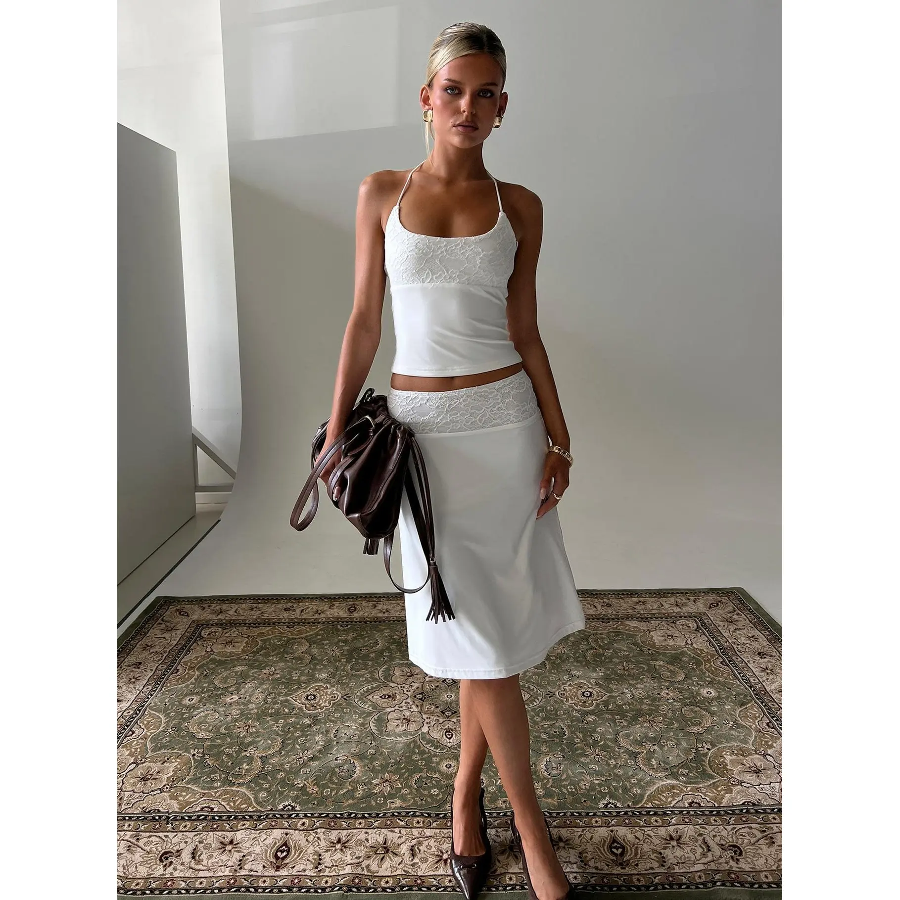 Zenaide Lace Detail Midi Skirt White