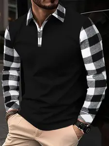 Men's Checked Patchwork Plaid Print Half Zip Up Polo Shirt, Regular Fit Classic Casual Long Sleeve Top for Fall & Winter, Men's Clothes for Daily Wear, Menswear