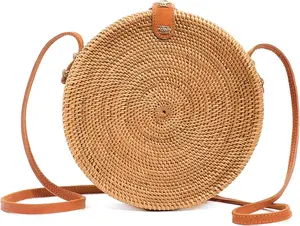Crafts Round Rattan Bag for Women - Handmade Ata Wicker Woven Purse - Circle, Square, Oval Brown Straw Boho Bags | Handmade, Ata, Woven, Straw, Bags