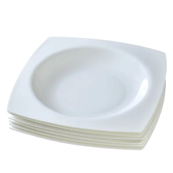 Set of 6 ‑ 9.5 Inch Square Pasta Bowls, Premium 17oz White Porcelain Deep Soup Plates, Lightweight & Stackable for Easy Transport & Storage, Microwave Dishwasher Oven Freezer Safe Serving Bowls for Pasta, Soup, Salad