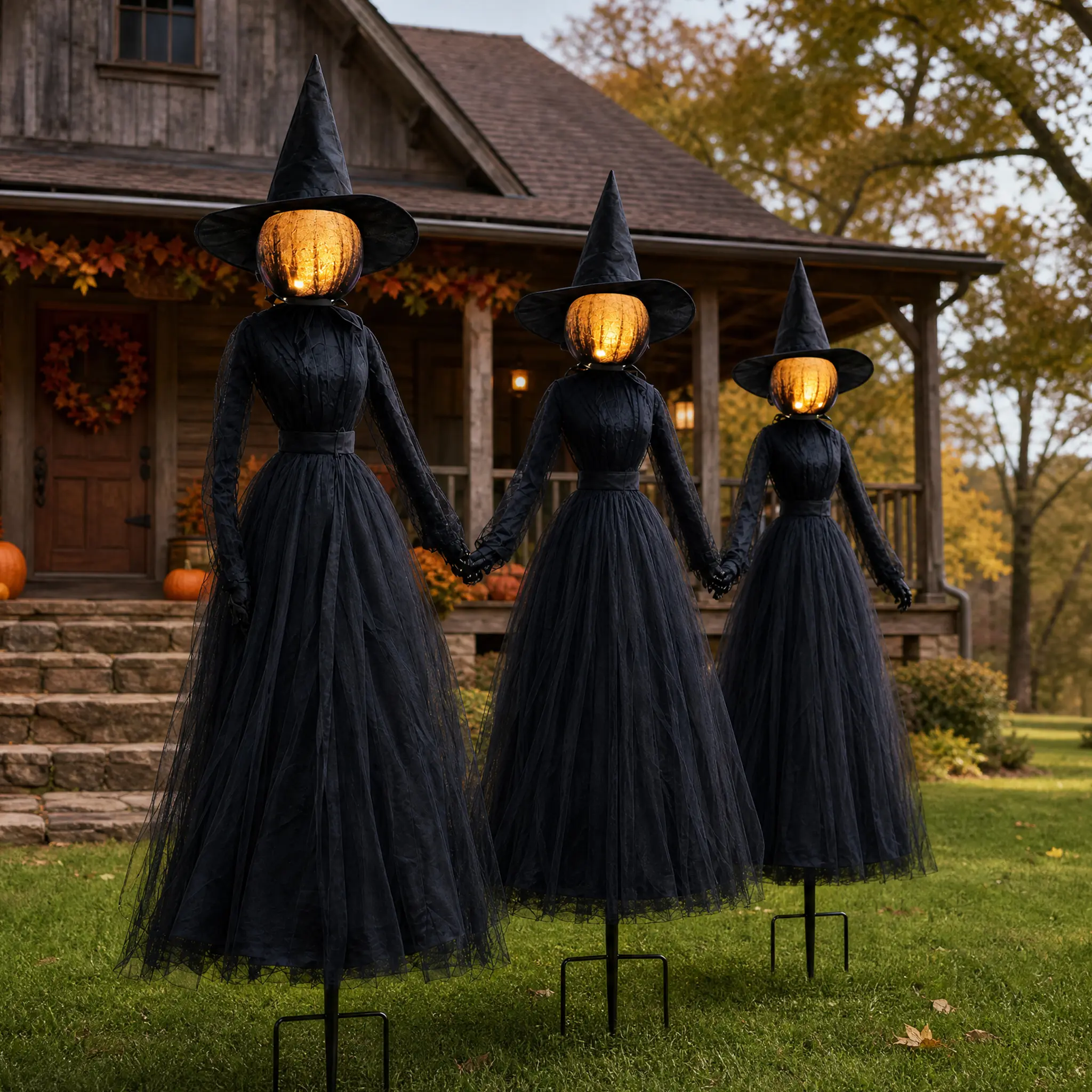 Hourleey 3-Pack 6 FT Lighted Witch Stakes with Circle Insert, Glowing Face & Holding Hands, Witches Broom Stick Outdoor Holiday Decorations to Light Up Your Space for Yard Garden Haunted House