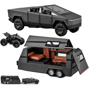 1/32 Pickup Trailer RV Model Kit, Off-Road Vehicle Alloy, Diecast Car Metal Toy, Truck Simulation Sound Light, Birthday Gifts for Boy Girl (with RV All Black-A)