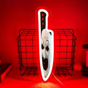 Spirit Halloween Terrifier Art The Clown Neon LED Light Up Sign Scary Clown Knife Neon Sign Halloween Decor Light-Up Hanging Sign