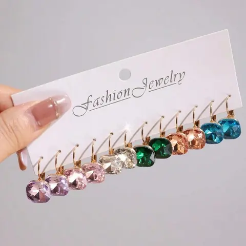 6 Pairs Colorful Glass Crystal Earrings, Elegant Glass Crystal Dangle Earrings, A Stylish Gift For Friends, For Daily Wear