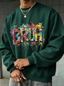 Men's Hot Selling Letter Print Fleece Lined Crew Neck Knit Pullover Sweatshirt, Fall & Winter Casual Versatile Top, Thick Fabric, Fitted Style