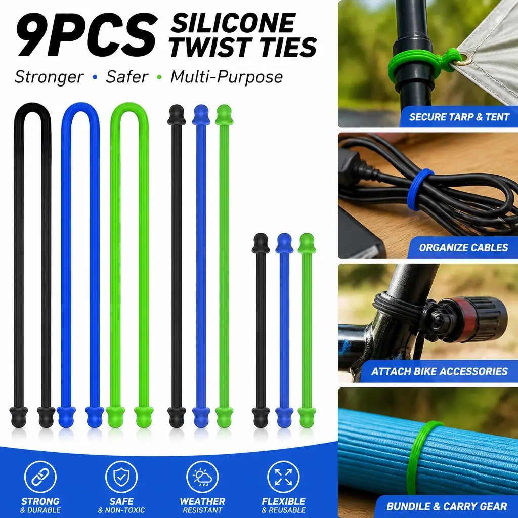 9 Pcs Silicone Twist Ties - Reusable 3 Sizes Cable Organizer Straps (4in, 6in, 12in) for Cables, Kitchen Use - Mid Year Sale Deals