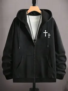 High Street Subculture Zip Fitted Hoodie with and Geometric Print, Drawstring Hood Design, Soft Skin-Friendly Fabric, Perfect for Men’s Fall and Winter Outings and Commuting