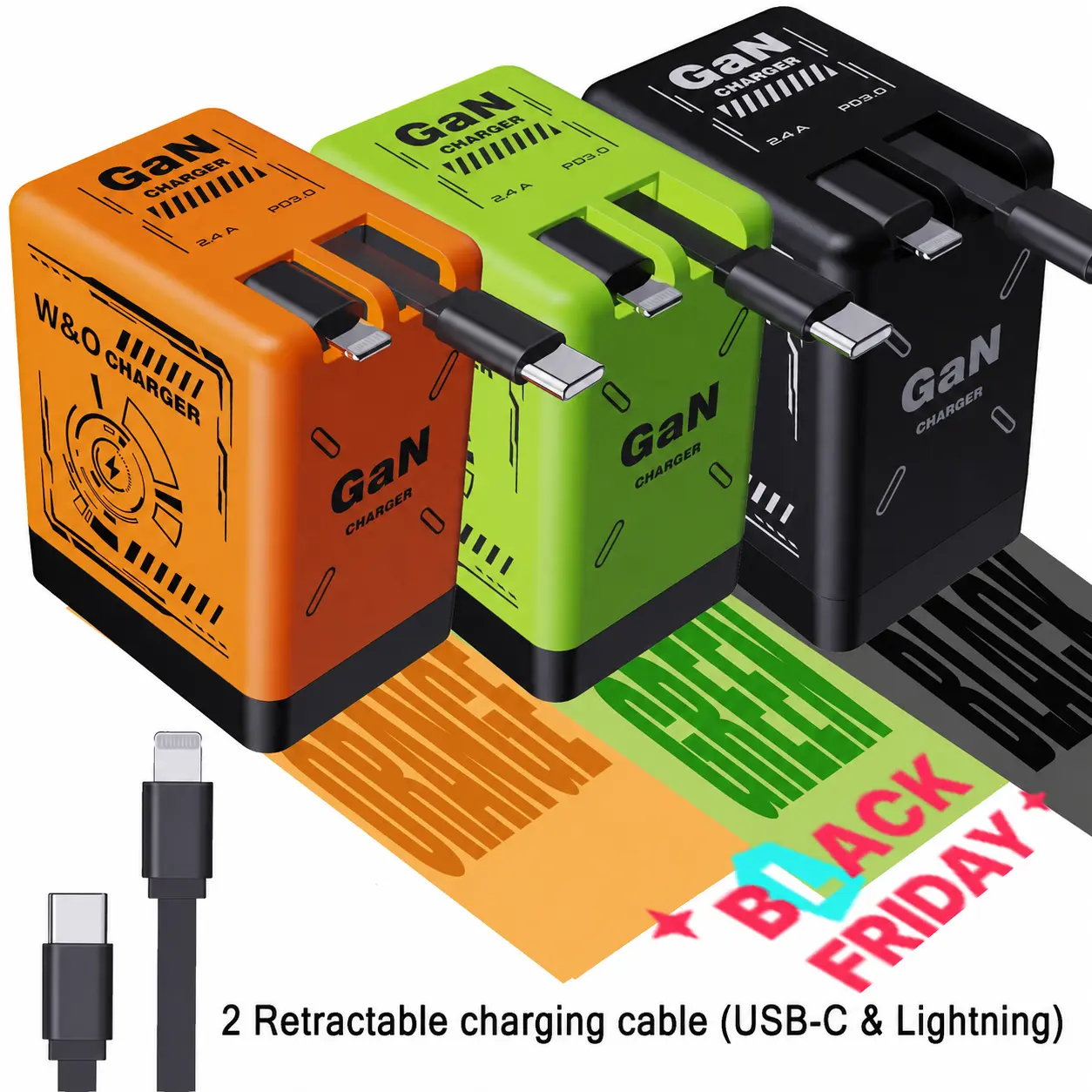2-in-1 GaN Fast Charger with Retractable Type-C Cable, Lightning Cable, Foldable Wall Plug, Dual Device Charging for Smartphone, Cellphone, Mobile, iPhone Charger, Phone Accessories, Compact Travel Use