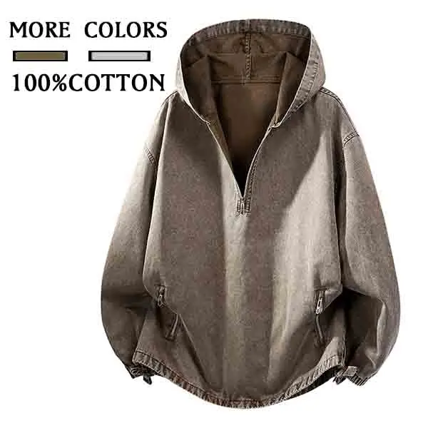 1-pack men’s 100% cotton denim half-zip hooded jacket — casual street-style pullover hoodie jacket