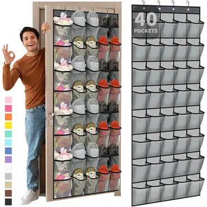 40 Over The Door Shoe Organizer, Large Mesh Pocket  Shoe Rack Hanger Large Capacity Gray Behind The Door Storage Holder for Dorm College Closet Entryway Bedroom Utility Room Women Men