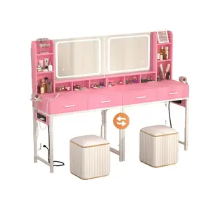 Vanity Desk with LED Mirror & Lights, Makeup Dressing Table with Power Strip, Adjustable Lighting, 2 Drawers & 7 Storage Compartments, Reversible Design, Easy Assembly