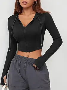 Women's Solid Zip Up Ribbed Crop, Sporty Long Sleeve Drawstring Hooded Top Casual Workout Tops for Summer, Ladies Sportswear for Indoor Outdoor Wear