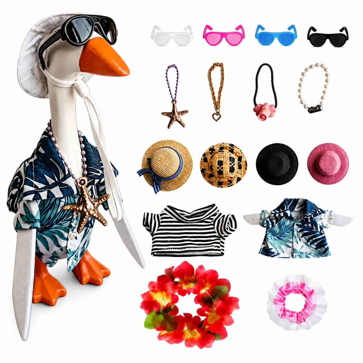 4 Sets Summer Beach Desk Goose Dress Up Outfit Accessories Set, Tropical Shirts Straw Hats Sunglasses Flower Wreath Necklaces, DIY Mix & Match Decorative Desk Goose Clothing Kit, Holiday Birthday Gift for Desk Ornament Collectors