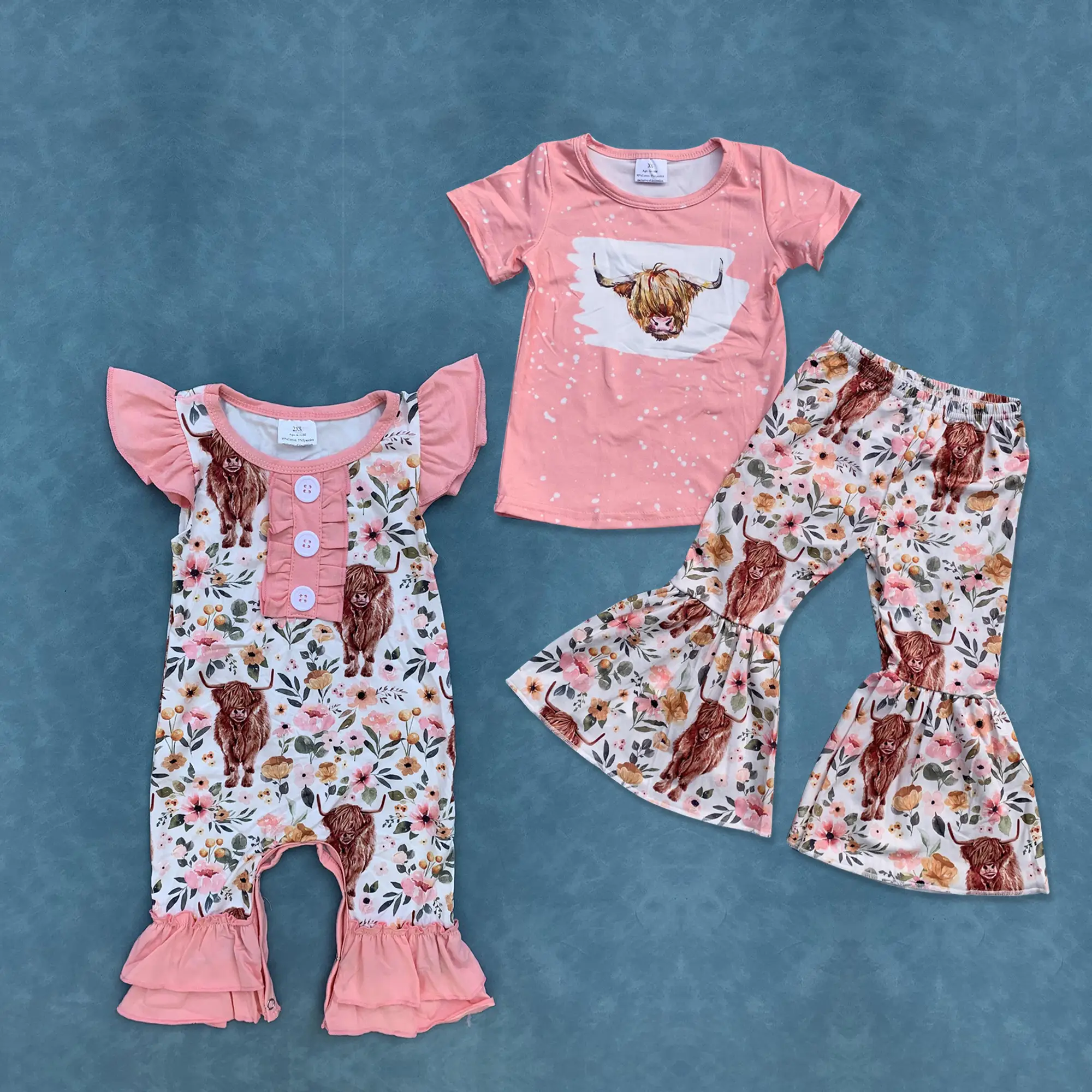Highland cow print shirt bell bottom pants girls spring clothing