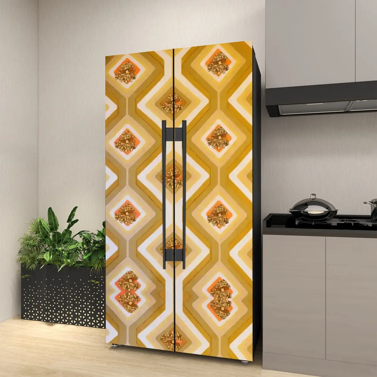 70s Harvest Gold, Merry Mushroom Retro Self Adhesive Refrigerator Wrap Set