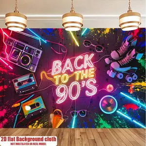 1PC,2D Flat Back to the 90's Party Backdrop Neon Retro Decor, Vintage Cassette Tape Roller Skates Photo Background Cloth, 80s 90s Theme Party Decorations, Photography Backdrop for Birthday Event Scene Setup