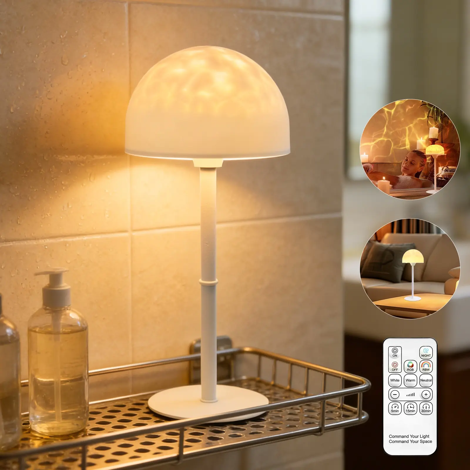Waterproof Shower Light with 16-Color Ocean Wave Projector, Rechargeable, Touch & Remote Control, Wireless Lighting for Bathroom and Bathtub, Ambient Night Light, Decorative Lights, Ambient Glow Light