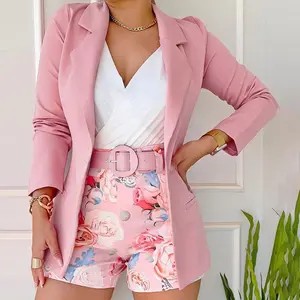 ChicMe 2026 Women's Long Sleeve Blazer & Floral Print Shorts Wedding Guest Set With Belt Wedding