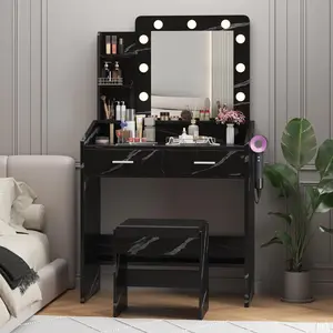 Cheap Makeup Vanity Desk Set with Lighted Mirror, Power Outlet, 3 Adjustable Brightness Lighting Modes, 2 Drawers for Small Bedrooms