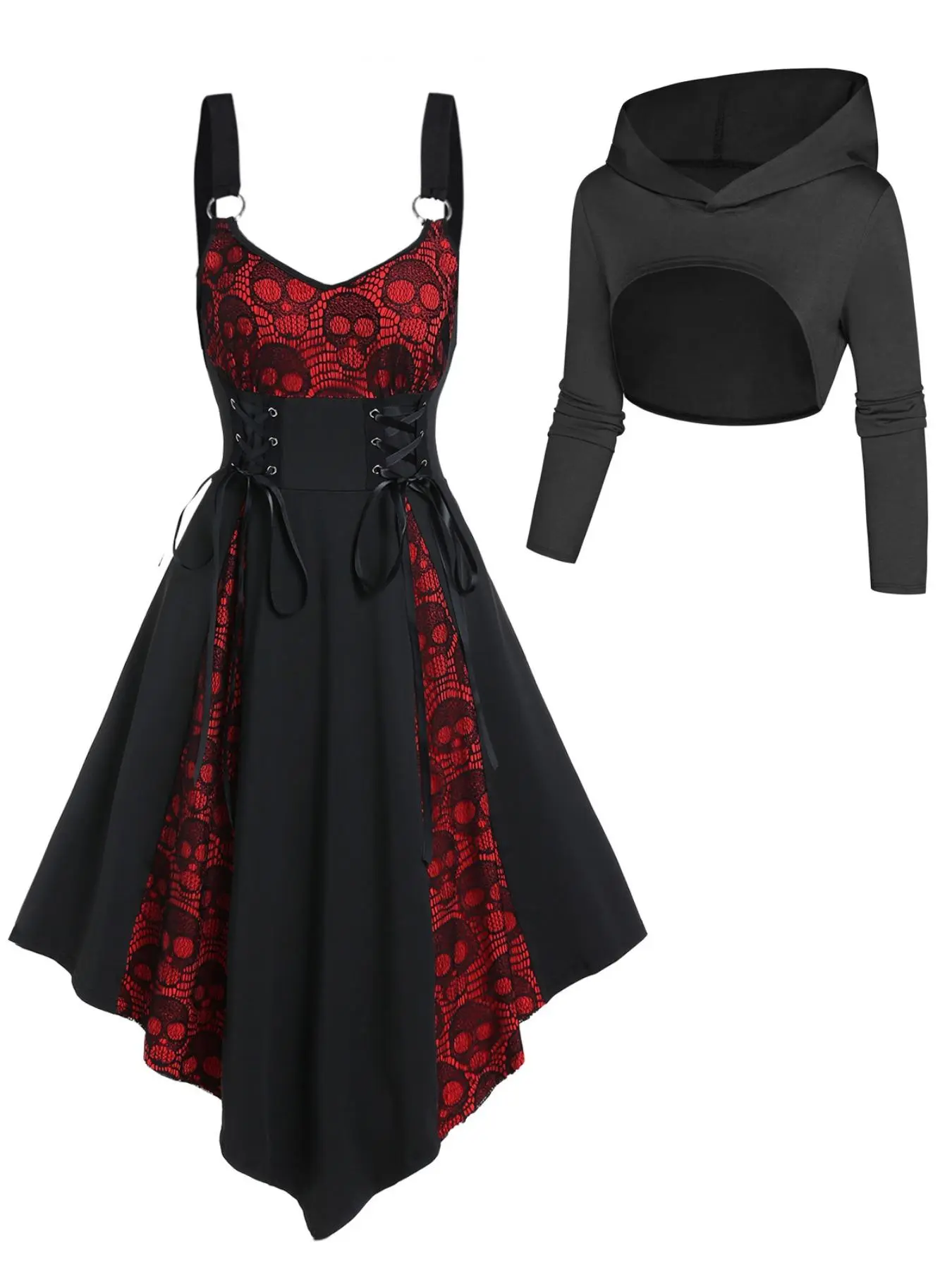 Women's Solid Fitted Crop Hooded Top & Skull Print Asymmetrical Hem Dress Two-piece Set, Casual Gothic Fashion Cozy Medium Stretch Two Piece Outfits Womenswear for Daily Outdoor Wear, Women Clothes for Fall & Winter Skirt