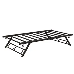 Gaomon Twin Pop-Up Trundle Daybed Frame, Brown Foldable Metal Platform Bed with Lockable Casters, Easy Pull-Out Design and All Necessary Hardware Included