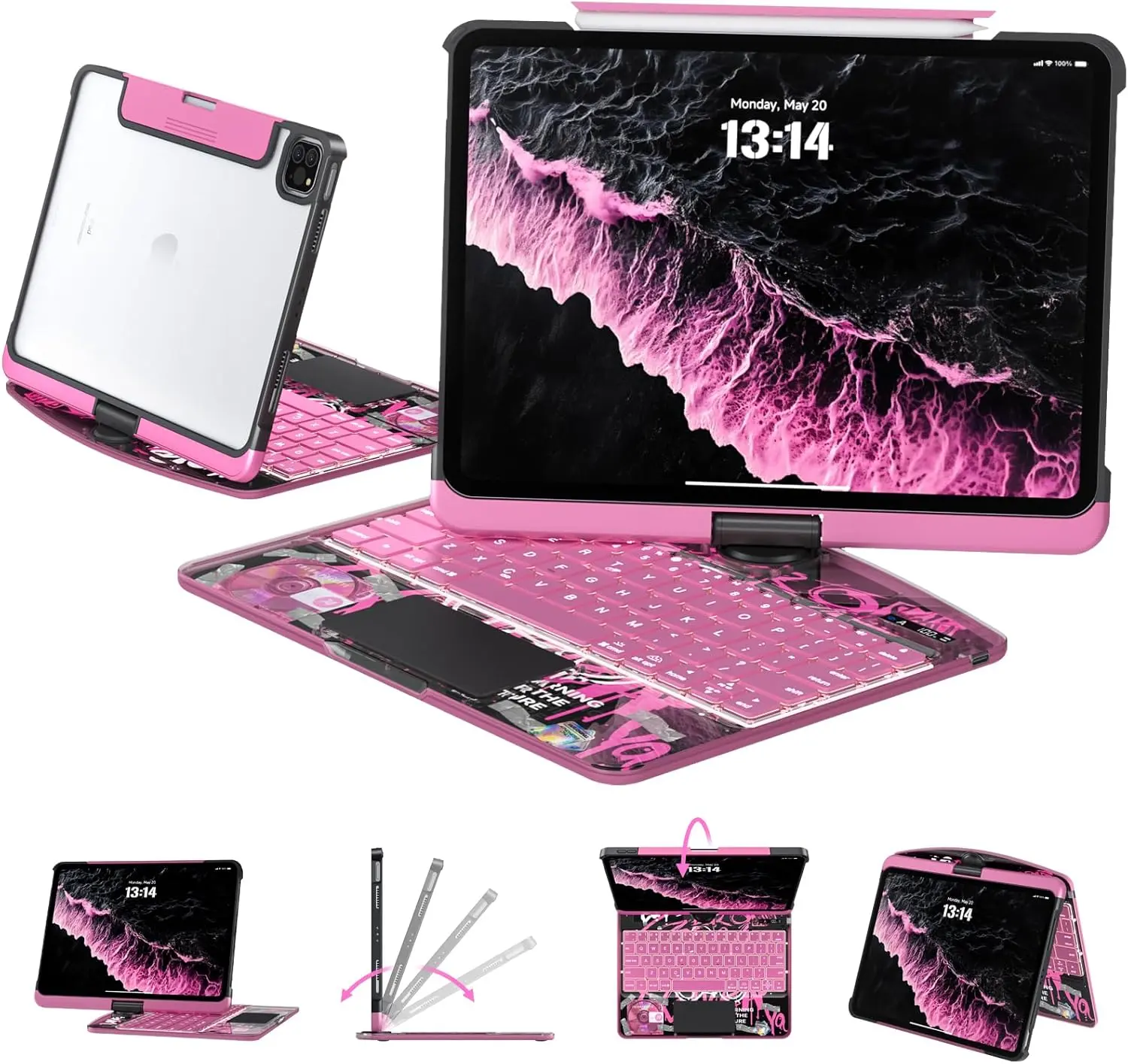 NAIDUN Latest 360 Swivel Keyboard with Y2K style tranparent case for iPad Tablet Accessories ipad case