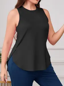 Plus Size Solid Split Hem Sports Tank Top, Active Top, Casual Workout Tops, Casual Sleeveless Round Neck Top for Gym Workout Running, Women's Plus Size Sport & Outdoor Clothing for Spring & Summer