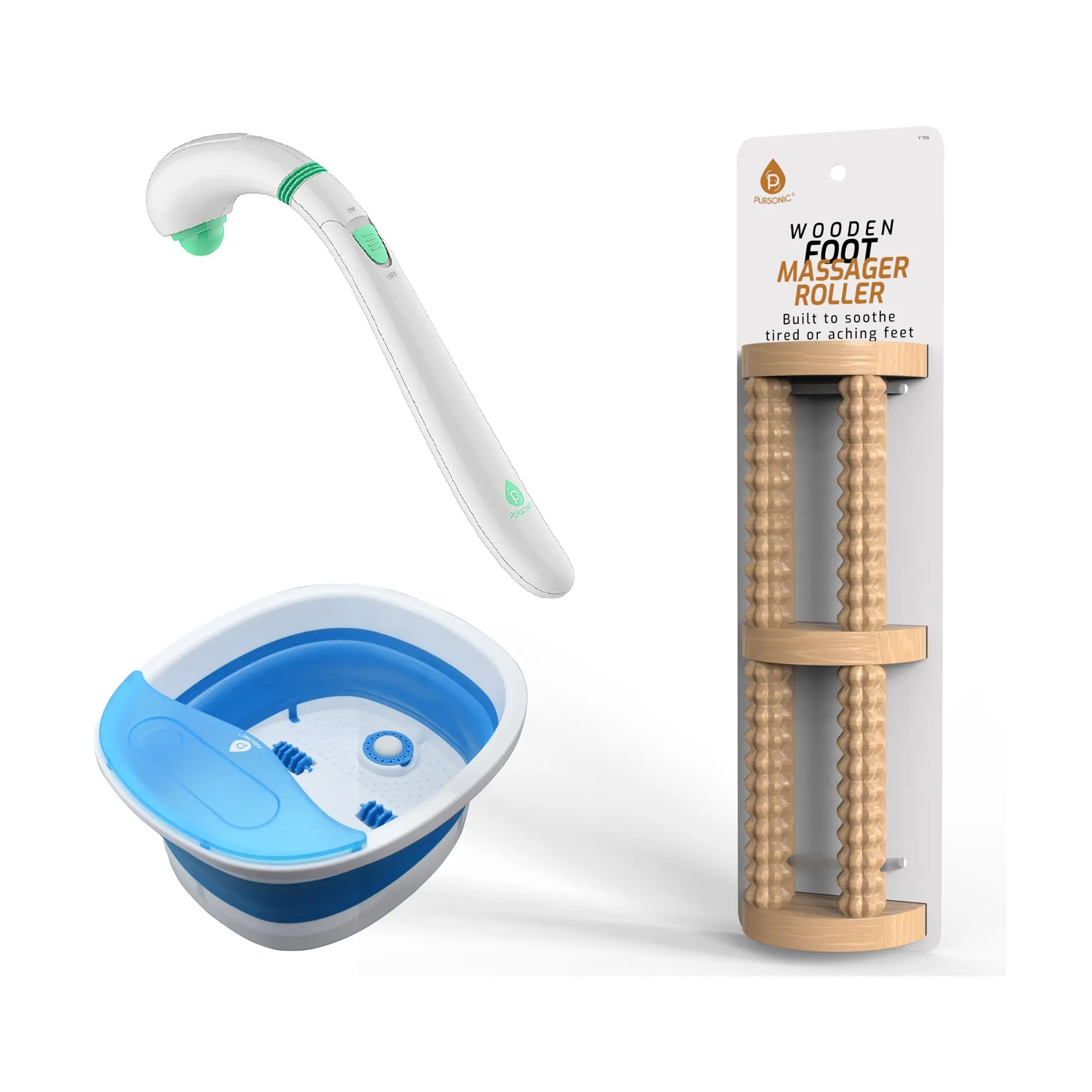 The Ultimate Relaxation Trio: Wooden Foot Massager, Collapsible Wireless Footbath, & Portable Handheld Massager