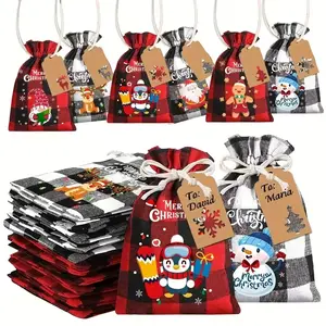 12/24/36pcs Christmas Burlap Gift Bags, Buffalo Plaid Drawstring Bags, Jute Burlap Treat Candy Goodies Bags, Xmas Favors Supplies, Party Gift Packs