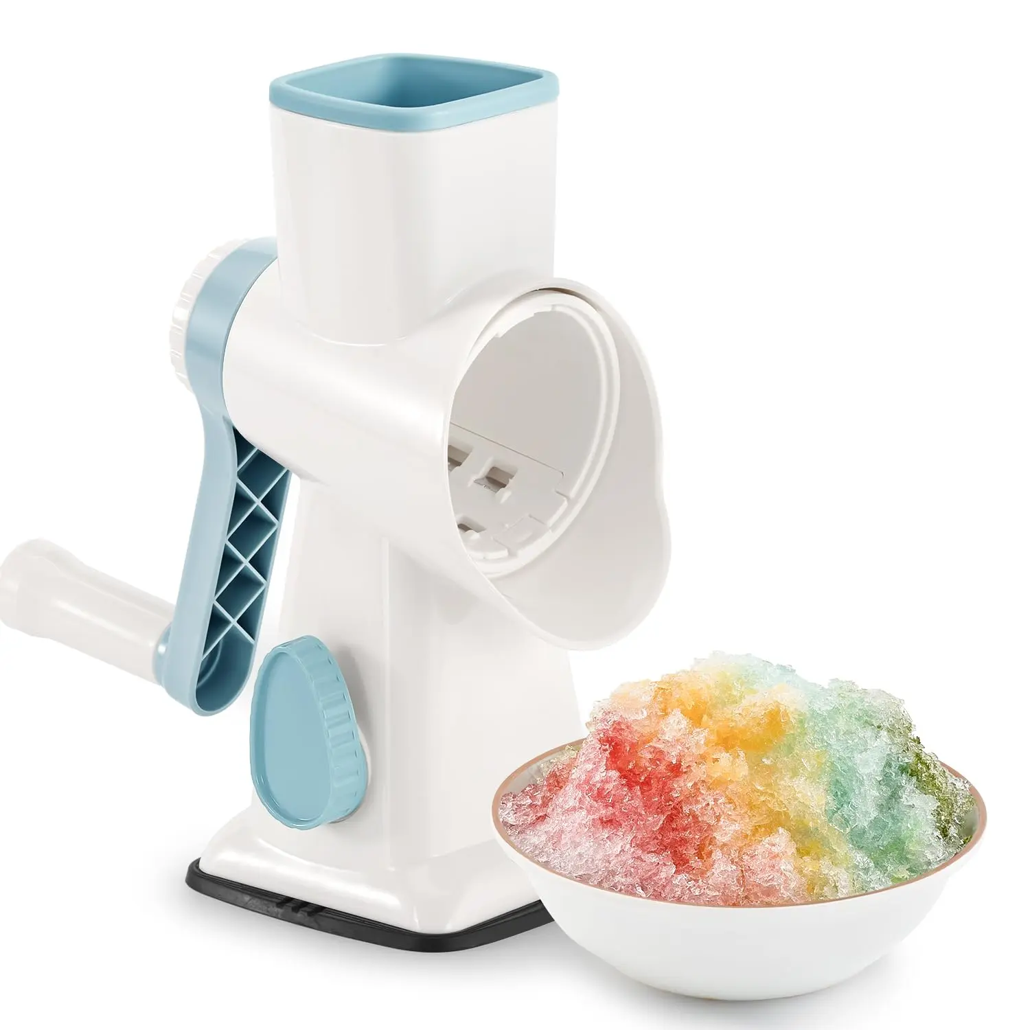 Premium Quality Manual Portable Ice Shaver & Snow Cone Machine - 420j2 Stainless Steel Multi-Blades Home Bar Tool, Plastic Kitchen Gadget, Fast Shaving, Hand Guard, Multi-Ice Cube Compatible, Vacuum Cupule, Easy to Clean, Safe Using