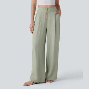 Halara High Waisted Button Wide Leg Casual Linen-Feel Pants with Pockets