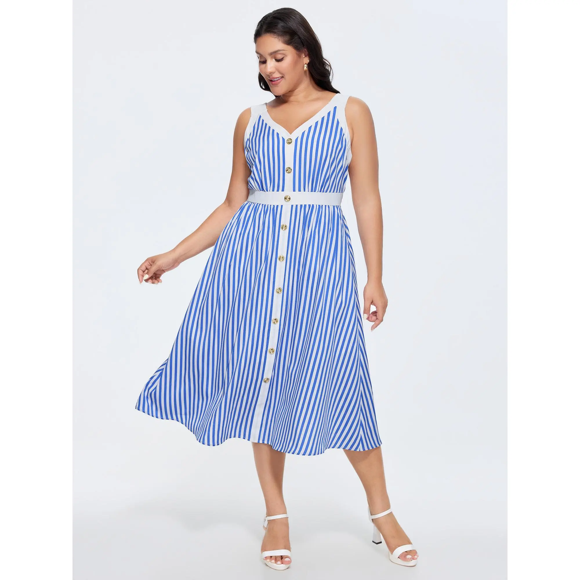 BloomChic Women's Plus Size Soft Smooth Polyester Stripe Maxi Dress - Casual V-Neck Sleeveless Colorblock Summer Pull-On with Side Pockets, Everyday Wear, Breathable, Curvy Fit, 1X (14-16), Hand Wash Only, Do Not Tumble Dry