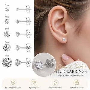 Extra Long Post Stud Earrings 5 Pairs – 316L Surgical Steel Hypoallergenic CZ Earrings for Sensitive Ears & Thick Earlobes, 3-8mm Sizes – Summer Sale, Mid Year Sale, Deals for You, Restock