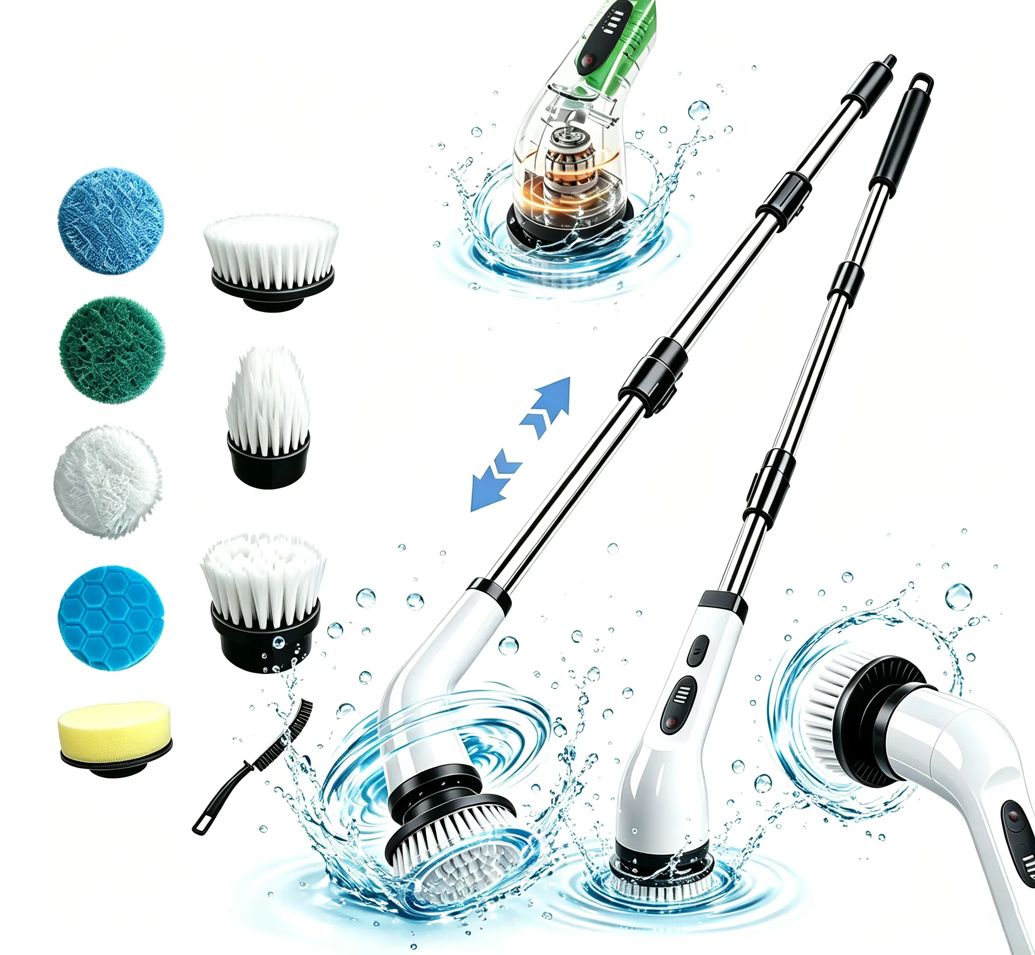 Electric Spin Scrubber Cordless Shower Cleaner, 9-in-1 with 8 Replaceable Brush Heads, 3-Stage Extendable Handle, Dual Speed, IPX7 Waterproof, LED Display Cleaning Tool. Suitable for Bathroom, Kitchen, Bathtub, Tiles, Car, and More.
