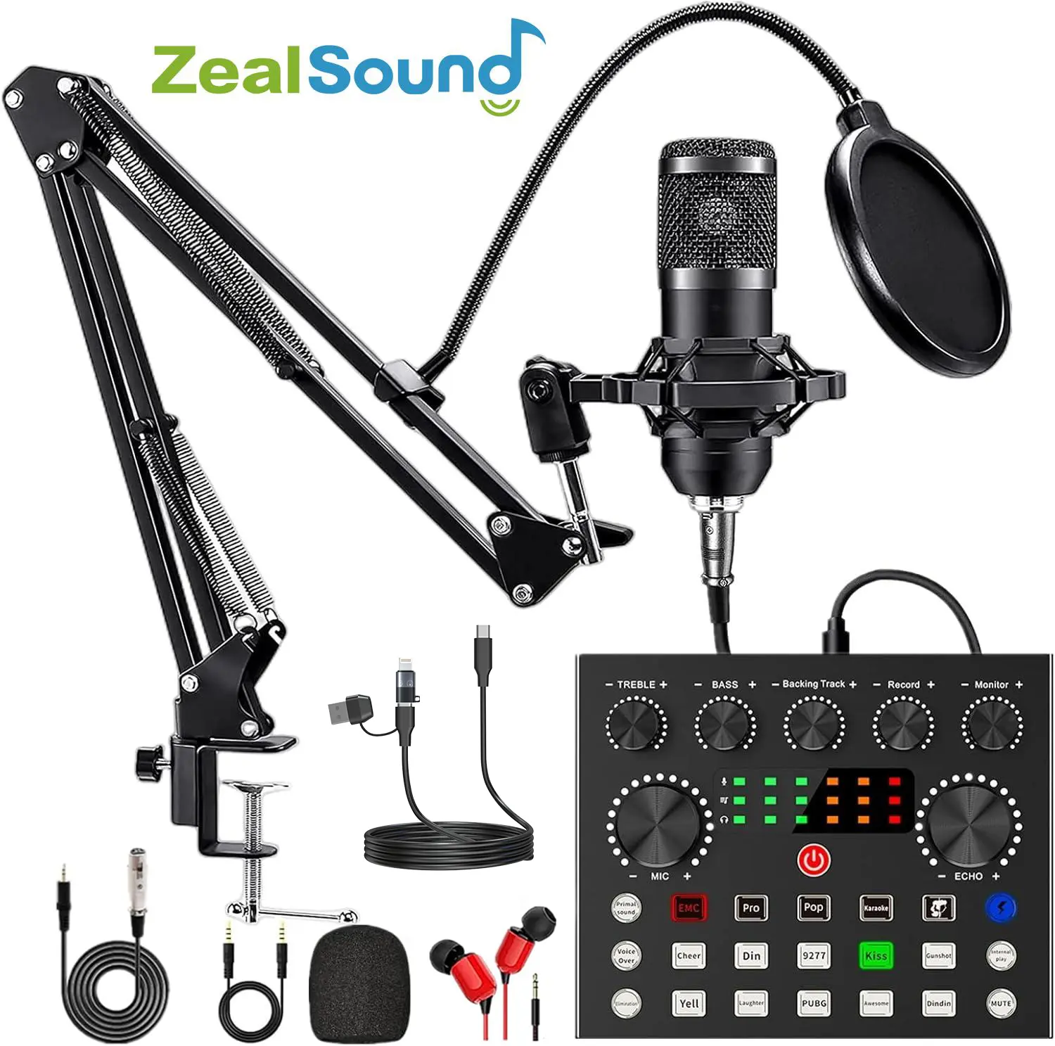 ZealSound Podcast Equipment Bundle for iphones/pc/laptop/tablet, BM800 Podcast Microphone Bundle with V8s Voice Changer, Condenser Microphone Recording Studio Package for Podcasting Live Streaming Singing PC Mobile TikTok YouTube