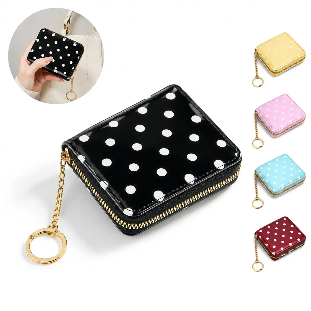 Cute Polka Dot Zip Coin Purse for Women Everyday Daily Use Soft PU Leather Short Bifold Card Holder Urban Minimalist Wallet with Geometric Pattern in Black Cream Yellow Light Pink Light Blue Maroon Small Compact Zipper Closure Purse for Daily Matching
