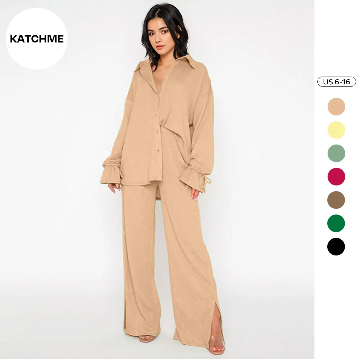 KatchMe Women's Casual Solid Color Button Flounce Sleeve Shirt & Slit Wide Leg Trousers Co-ord, Comfort Basic Collared Co-ord Set for Spring & Fall